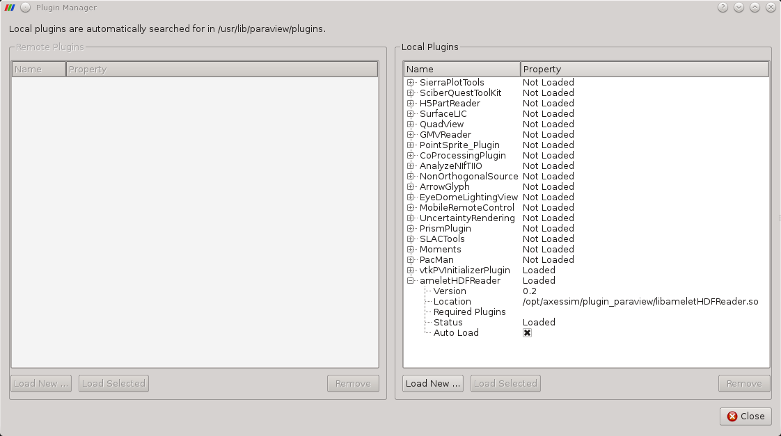 The plugin manager of Paraview with the Amelet-HDF plugin